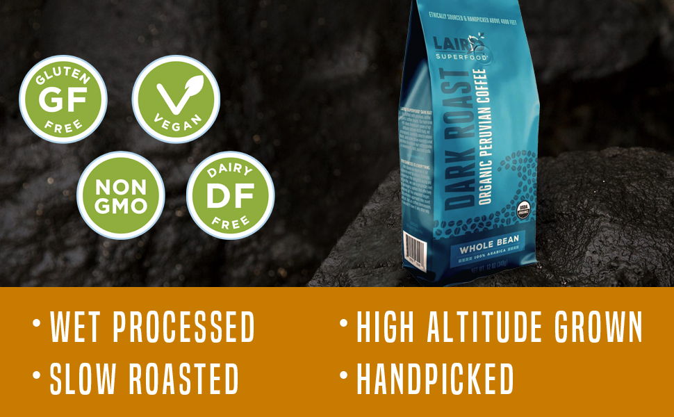 Laird Dark Roast Organic Peruvian Coffee is non-GMO, gluten free, vegan, and high quality.