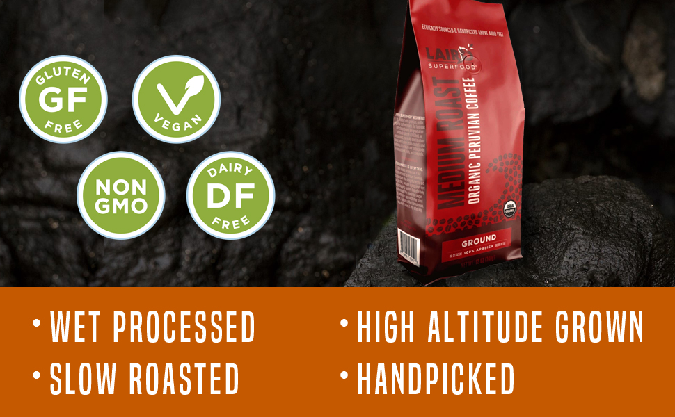 Laird Medium Roast Organic Peruvian Coffee is non-GMO, gluten free, vegan, and high quality.