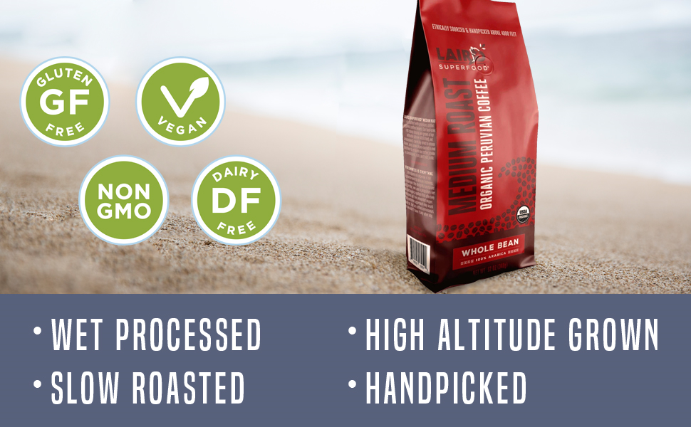 Laird Medium Roast Organic Peruvian Coffee is non-GMO, gluten free, vegan, and high quality.