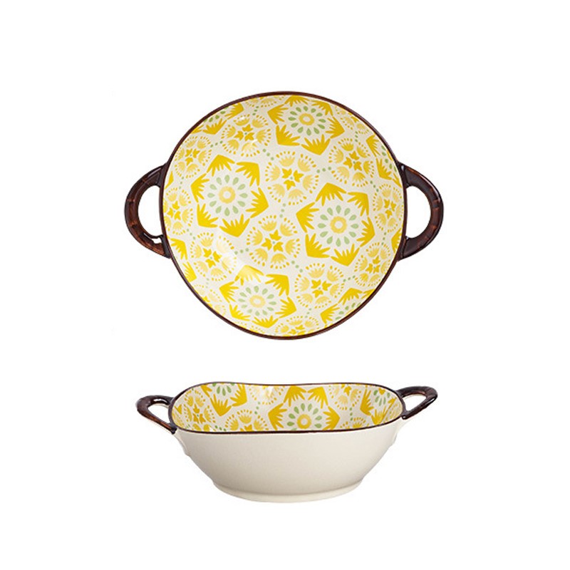 Farmhouse Boho Style Purposefully Irregular Shape Ceramic Pottery Bowl With Handles Lemony Pattern