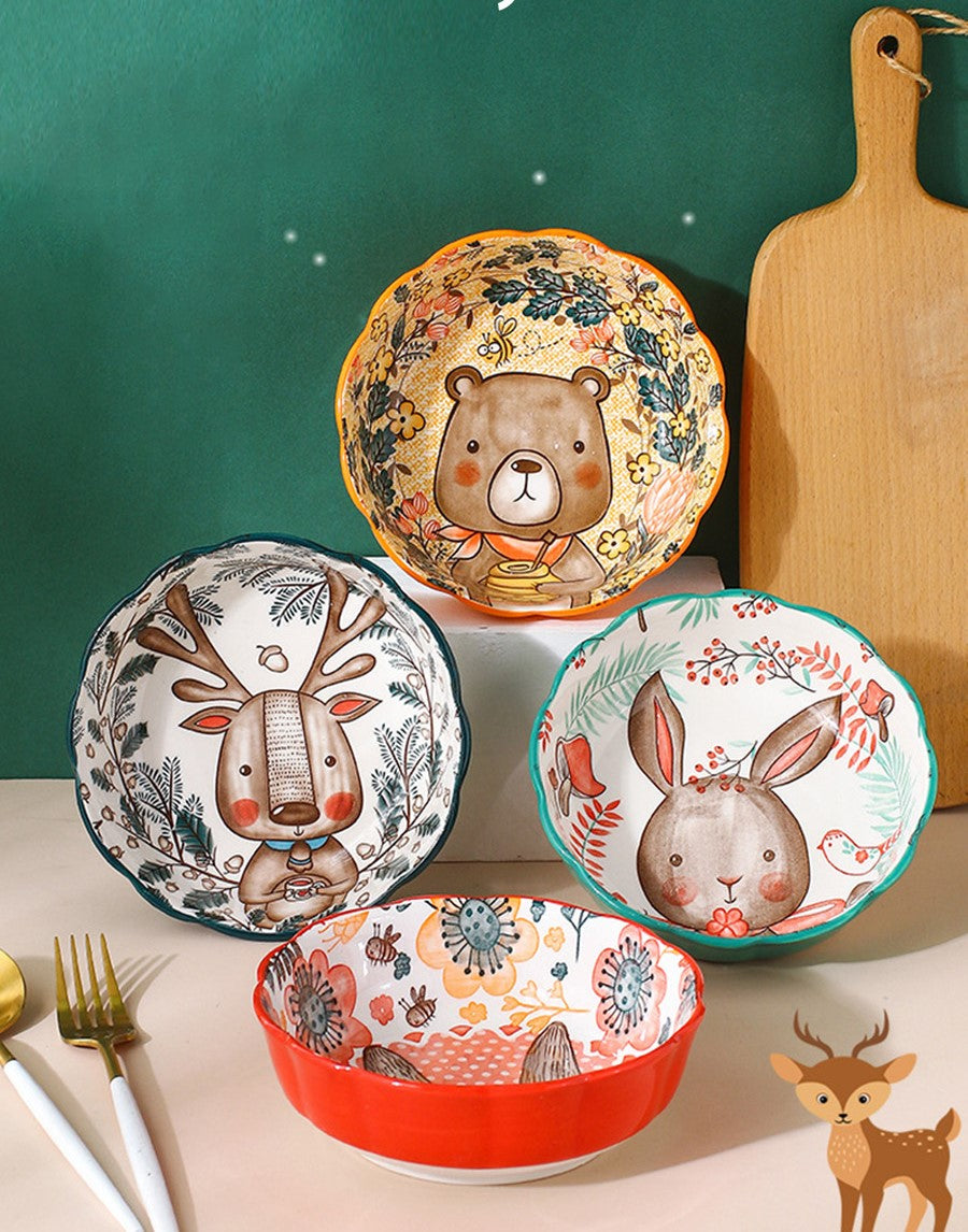 Woodland Animals On Round Bowls Adorable Nordic Forest Friends Scalloped Bowl Oven Safe Ceramic Dinnerware