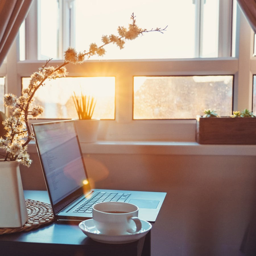 Laptop And Cup Of Organic Coffee Near Window With Golden Morning Light For Starting The Day With Good Coffee Barrie House Morning Ritual