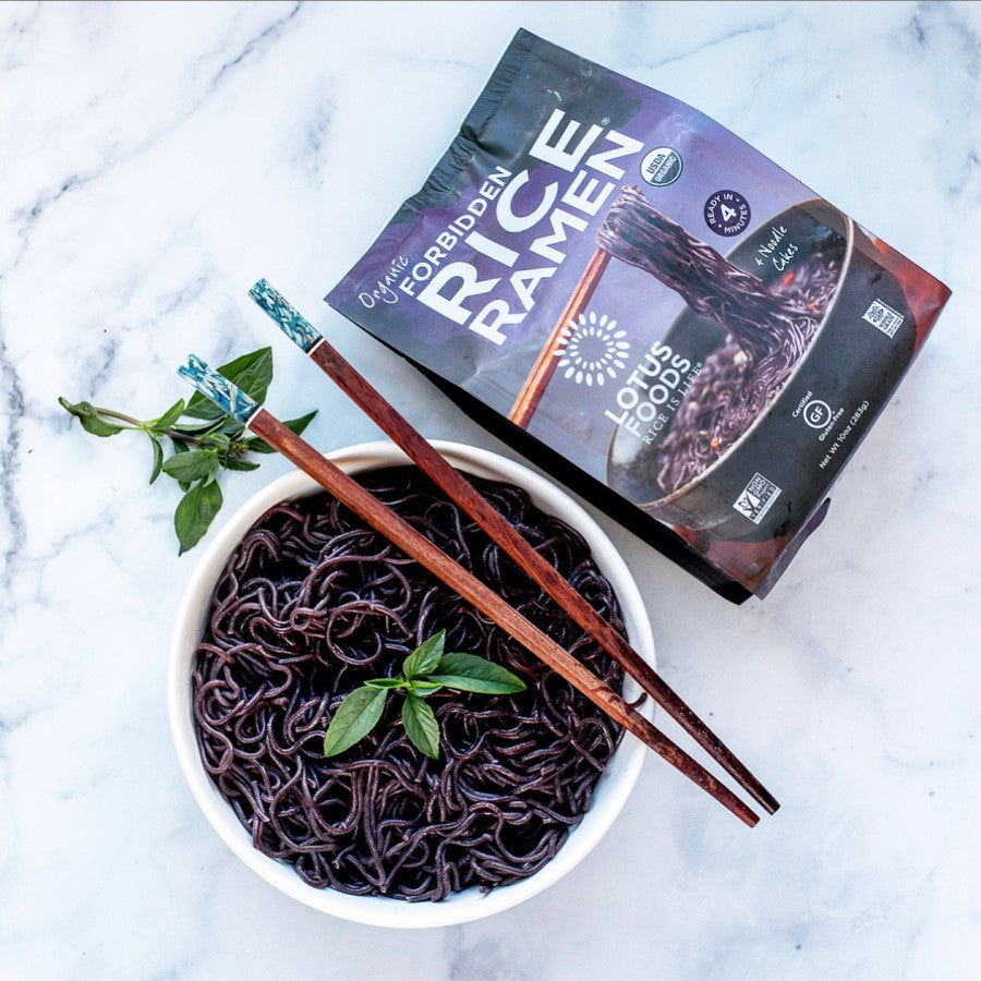 Lotus Foods Forbidden Rice Black Ramen Noodles With Chopsticks