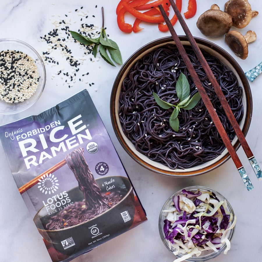 Bag Of Lotus Foods Organic Forbidden Rice Ramen Fresh Ingredients And Cooked Purple Pasta