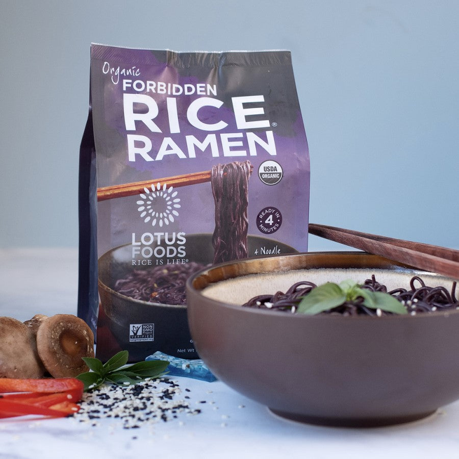 Lotus Foods Forbidden Rice Ramen Bag And Bowl Of Dark Pasta Gluten Free Healthy Ramen Noodles