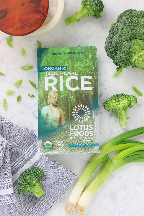 Aromatic Heirloom Organic Jade Pearl Rice Lotus Foods With Fresh Green Vegetables