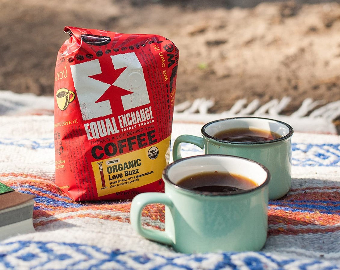 Organic Love Buzz Coffee From Equal Exchange With Two Camp Style Mugs For Outdoor Coffee Date
