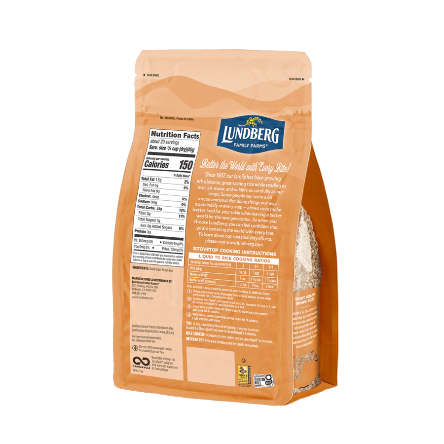 Lundberg Brown Short Grain Sustainable Rice Nutrition Facts Gluten Free Ingredients
