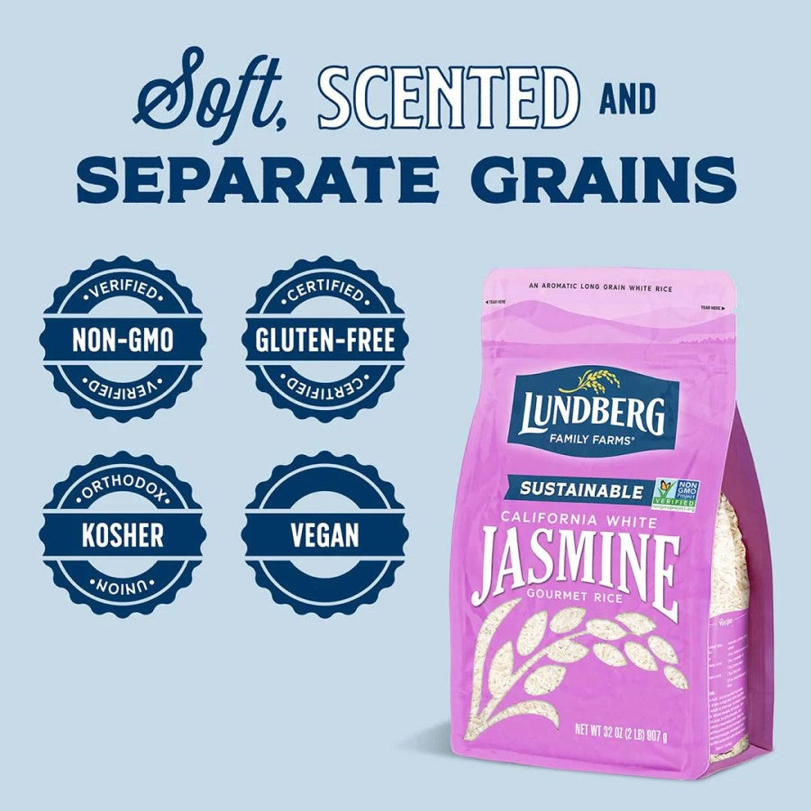 Soft Scented And Separate Grains Non-GMO Gluten Free Vegan Lundberg Sustainable California White Jasmine Gourmet Rice