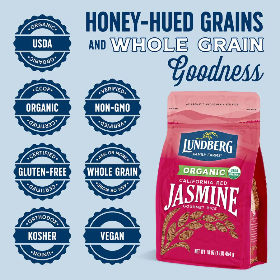 Honey Hued Grains And Whole Grain Goodness Organic Non-GMO Gluten Free Vegan Lundberg Organic California Red Jasmine Gourmet Rice