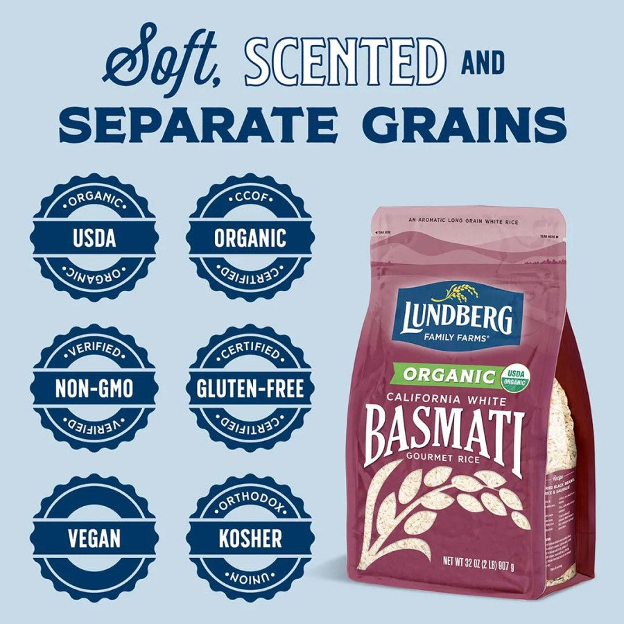 Soft Scented And Separate Grains Organic Non-GMO Gluten Free Vegan Lundberg Organic California White Basmati Gourmet Rice