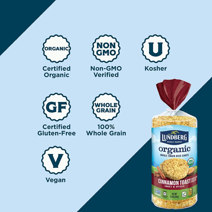 Lundberg Brown Rice Cinnamon Toast Rice Cakes Are Organic Non-GMO Gluten Free 100% Whole Grain Vegan