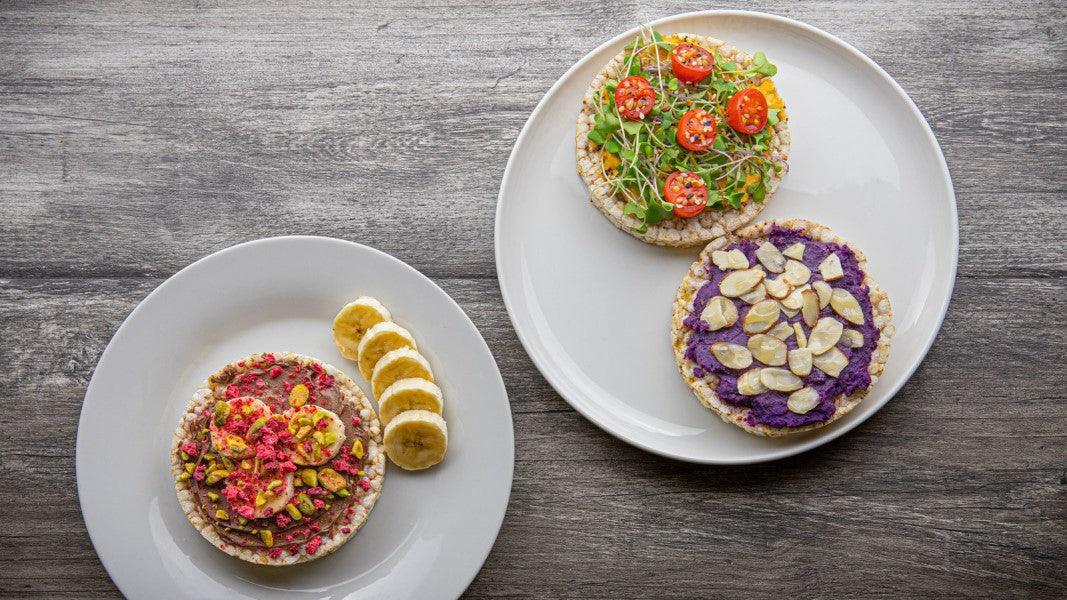 Colorfully Topped Organic Brown Rice Cakes Lundberg Family Farms Puffed Brown Rice Cake Snacks