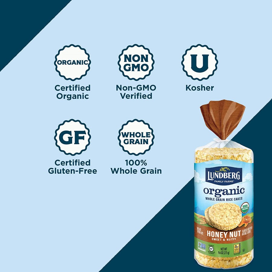 Lundberg Brown Rice Honey Nut Rice Cakes Are Organic Non-GMO Gluten Free 100% Whole Grain