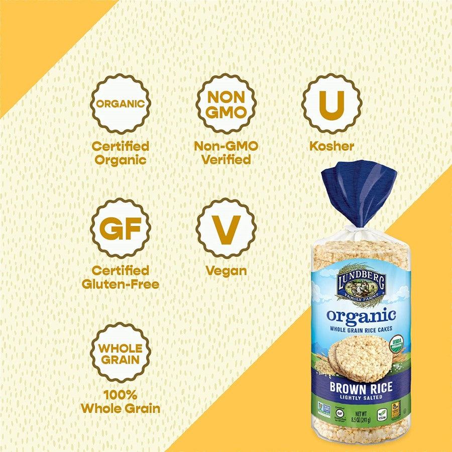 Lundberg Brown Rice Lightly Salted Rice Cakes Are Organic Non-GMO Gluten Free Vegan 100% Whole Grain