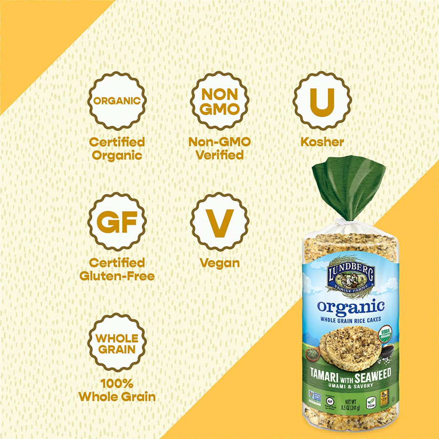 Lundberg Brown Rice Tamari With Seaweed Rice Cakes Are Organic Non-GMO Gluten Free Vegan 100% Whole Grain