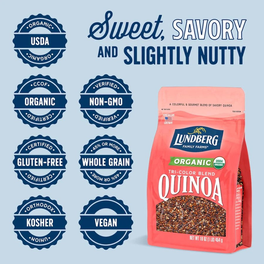 Sweet Savory And Slightly Nutty Organic Non-GMO Gluten Free Whole Grain Vegan Lundberg Organic Tri-Color Blend Quinoa