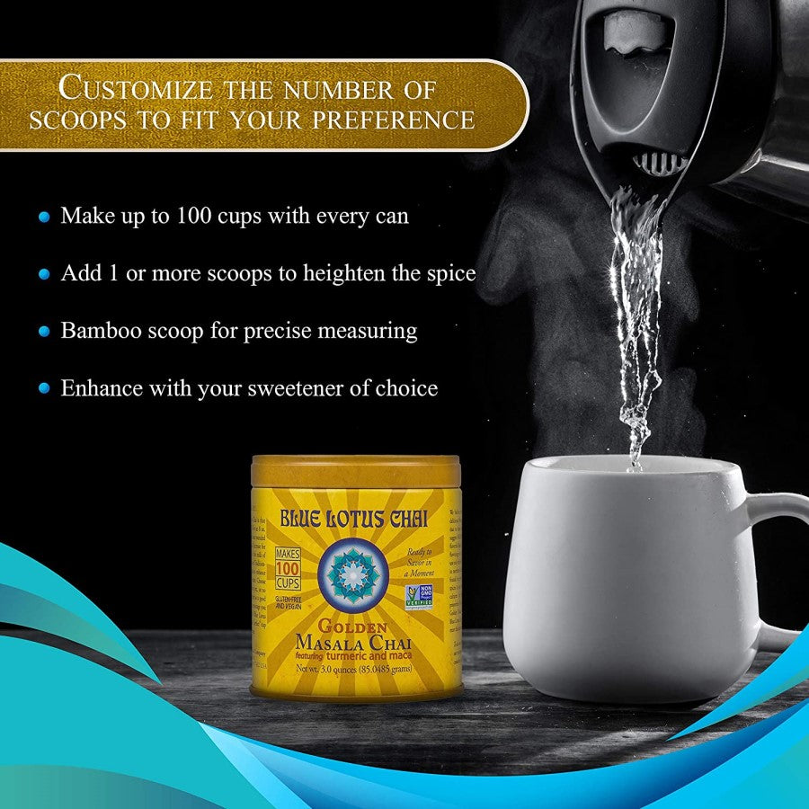 Make Up To 100 Cups With Every Can Non-GMO Blue Lotus Chai Golden Featuring Turmeric And Maca Includes Bamboo Scoop