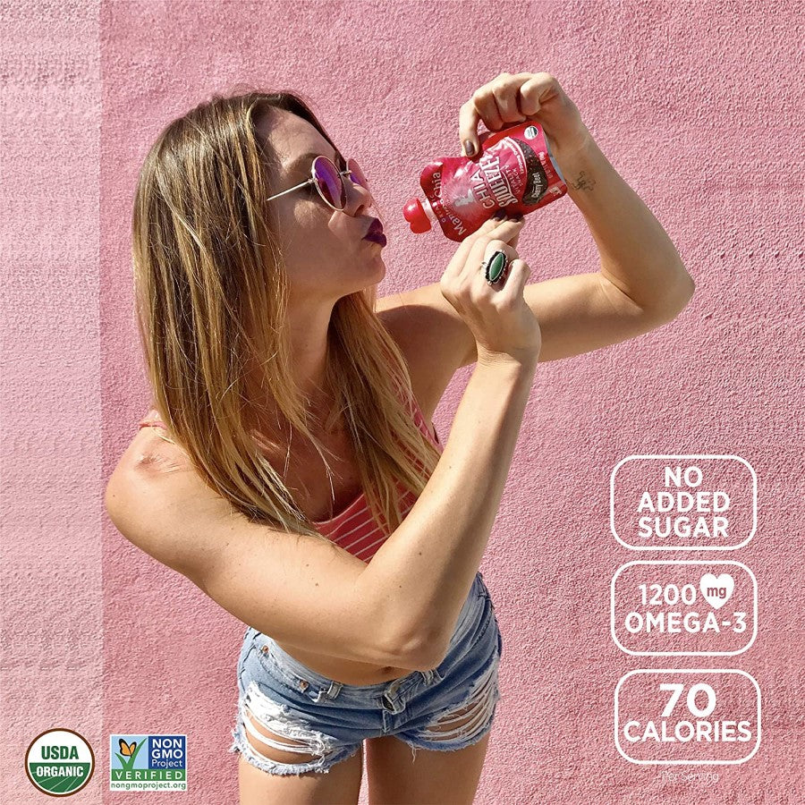 Woman In Love With Mamma Chia Sqeeze Pack Organic Cherry Beet No Added Sugar 1200mg Omega 3 And 70 Calories