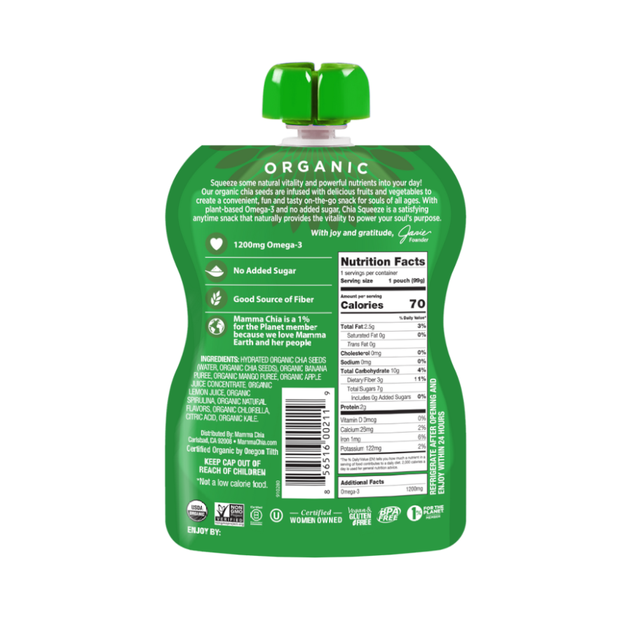 Mamma Chia Squeeze Green Magic 3.5 Ounce Pouch Nutrition Facts And Organic Ingredients