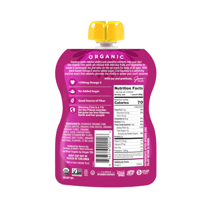 Mamma Chia Squeeze Strawberry Banana 3.5 Ounce Pouch Nutrition Facts And Organic Ingredients