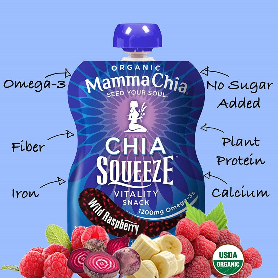 Mamma Chia Squeeze Vitality Snack Wild Raspberry No Sugar Added Plant Protein Calcium Iron Fiber Omega-3