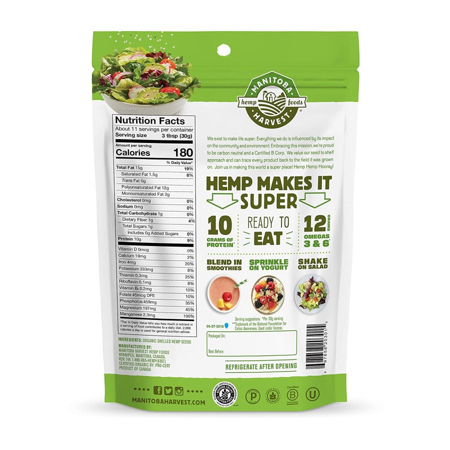 Manitoba Harvest Organic Shelled Hemp Seeds 12oz Bag Hemp Hearts Single Ingredient Nutrition Facts