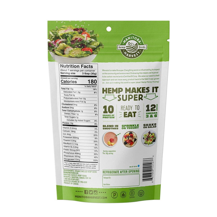 Manitoba Harvest Organic Shelled Hemp Seeds 7oz Bag Hemp Hearts Single Ingredient Nutrition Facts