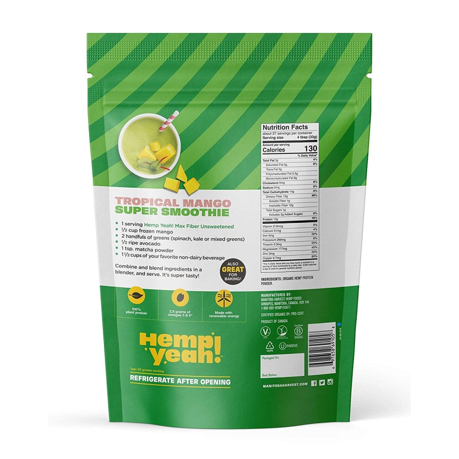 Manitoba Harvest Unsweetened Organic Hemp Yeah Max Fiber Protein Powder 32oz Single Ingredient Nutrition Facts Smoothie Recipe