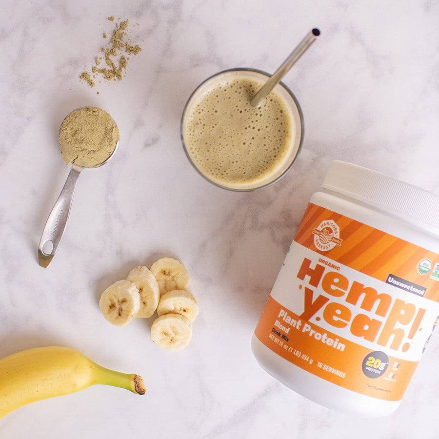 Organic Hemp Yeah Plant Protein Blend Drink Mix With Powder Banana And Beverage In Glass