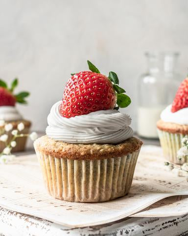 Vanilla Hemp Heart Cupcakes With Strawberries And Cream Recipe Using Manitoba Harvest Hemp Hearts