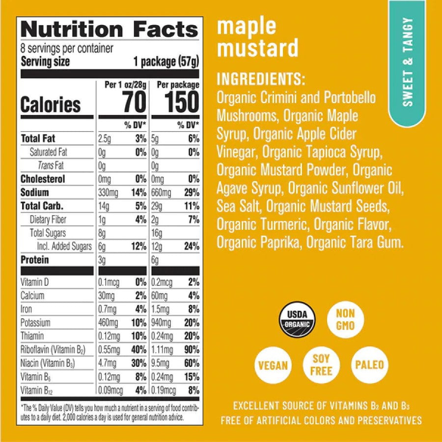 Eat The Change Sweet And Tangy Maple Mustard Mushroom Jerky Ingredients Organic Non-GMO Soy Free Paleo Vegan Jerky Excellent Source Of B Vitamins