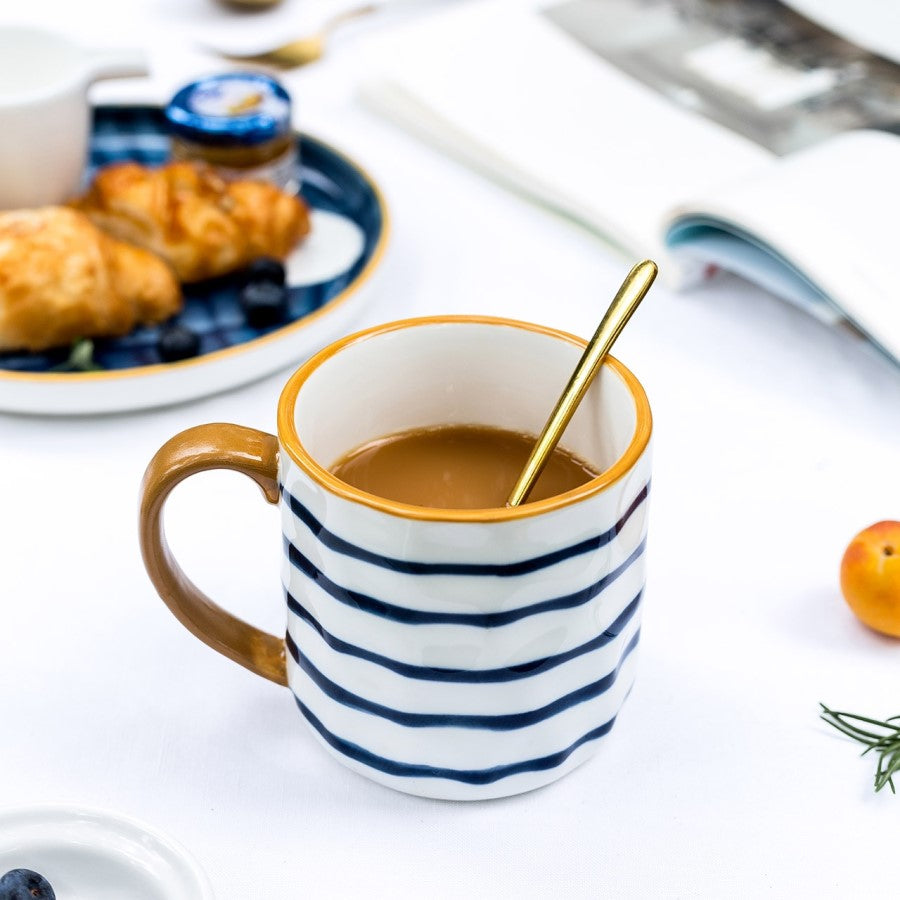 Mariner Print That Looks Like Sailor's Pinstripe Ceramic Coffee Mug With Nautical Style Blue And White Stripes