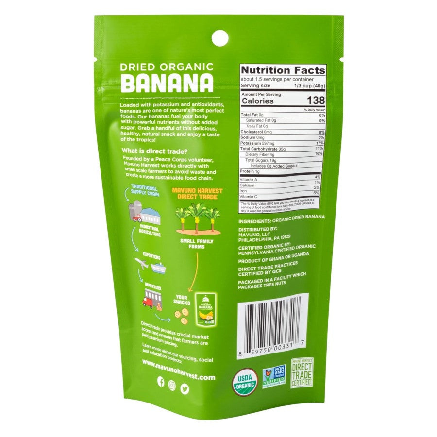 Back Of 2 Ounce Mavuno Harvest Dried Organic Banana Bag