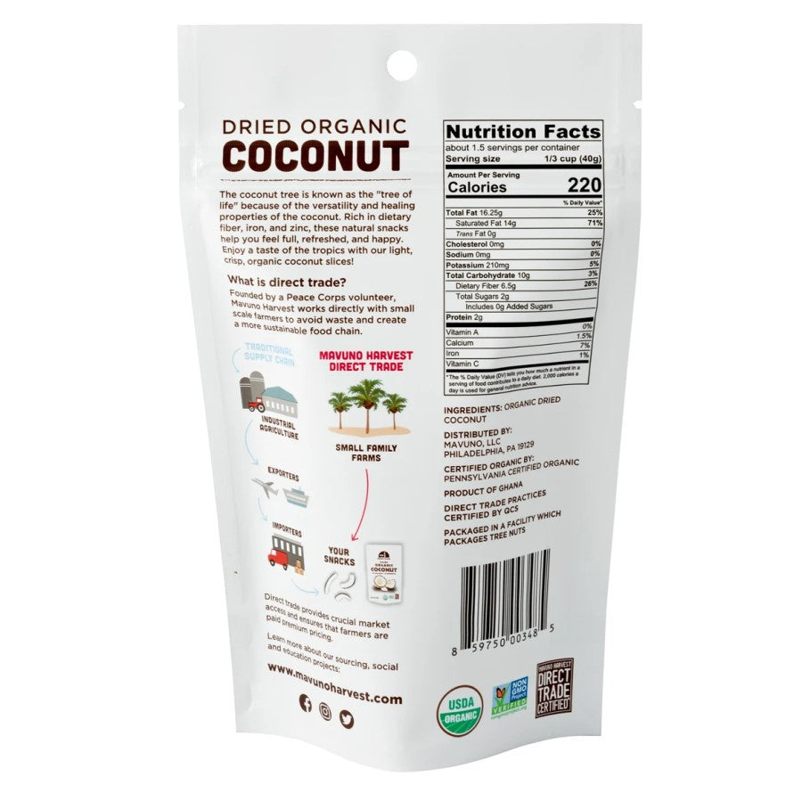 Back Of 2 Ounce Mavuno Harvest Dried Organic Coconut Bag