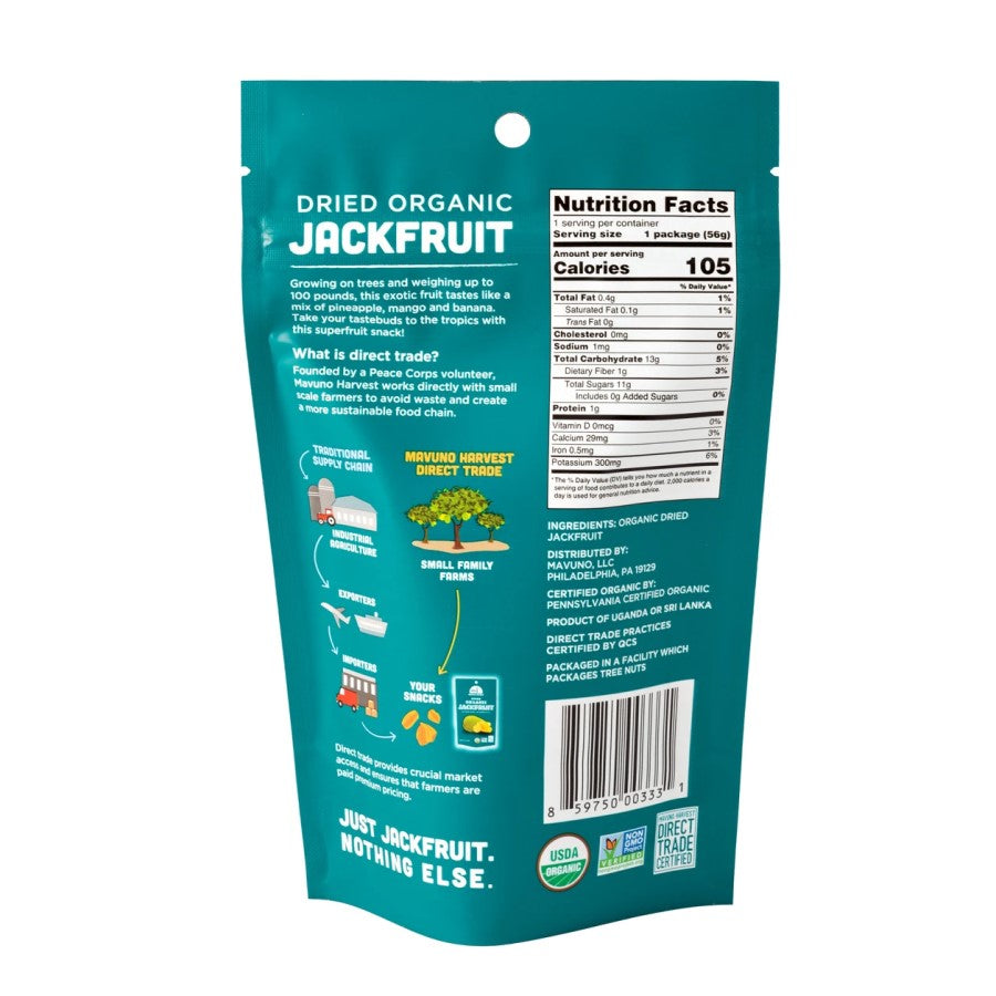 Back Of 2 Ounce Mavuno Harvest Dried Organic Jackfruit Bag