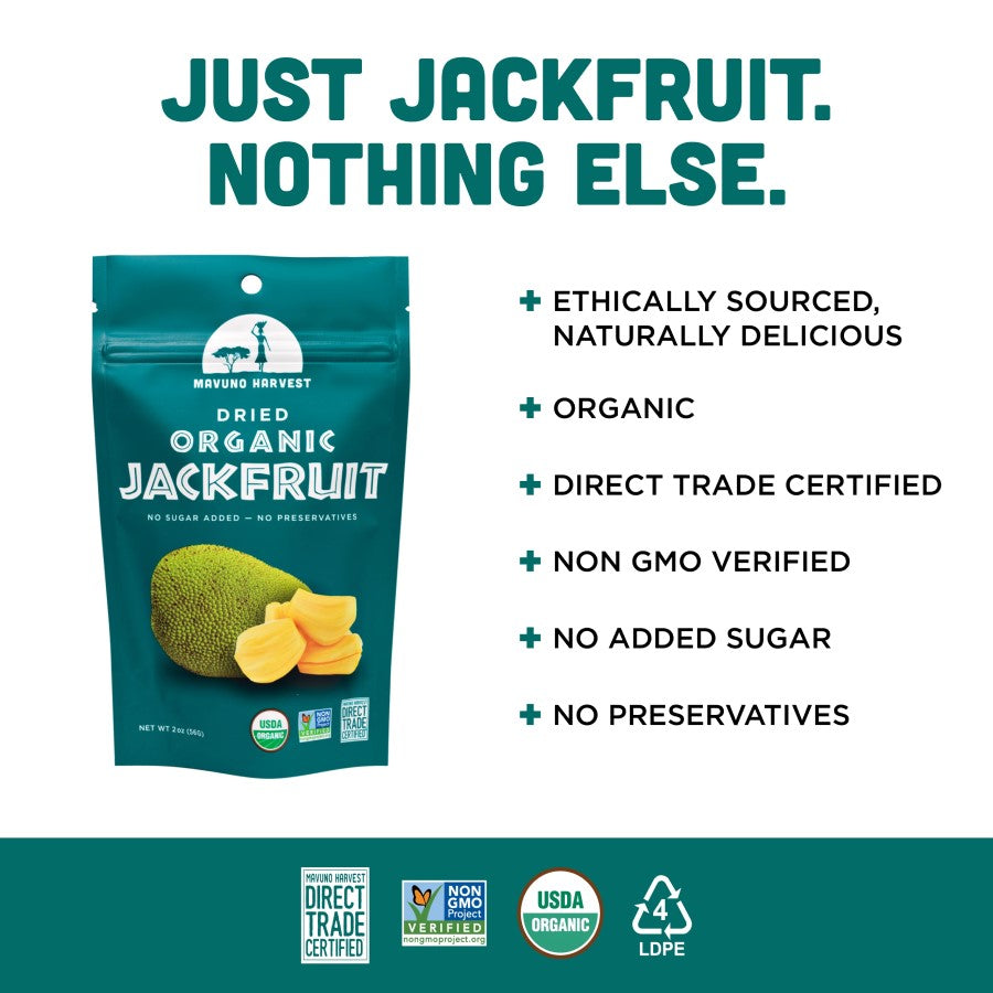 Just Jackfruit Nothing Else No Added Sugar Snack Mavuno Harvest Infographic Organic Non-GMO