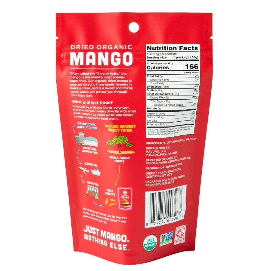 Back Of 2 Ounce Mavuno Harvest Dried Organic Mango Bag