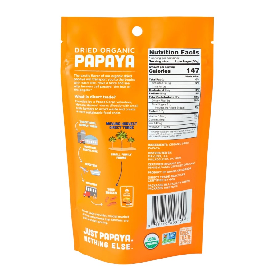 Back Of 2 Ounce Mavuno Harvest Dried Organic Papaya Bag