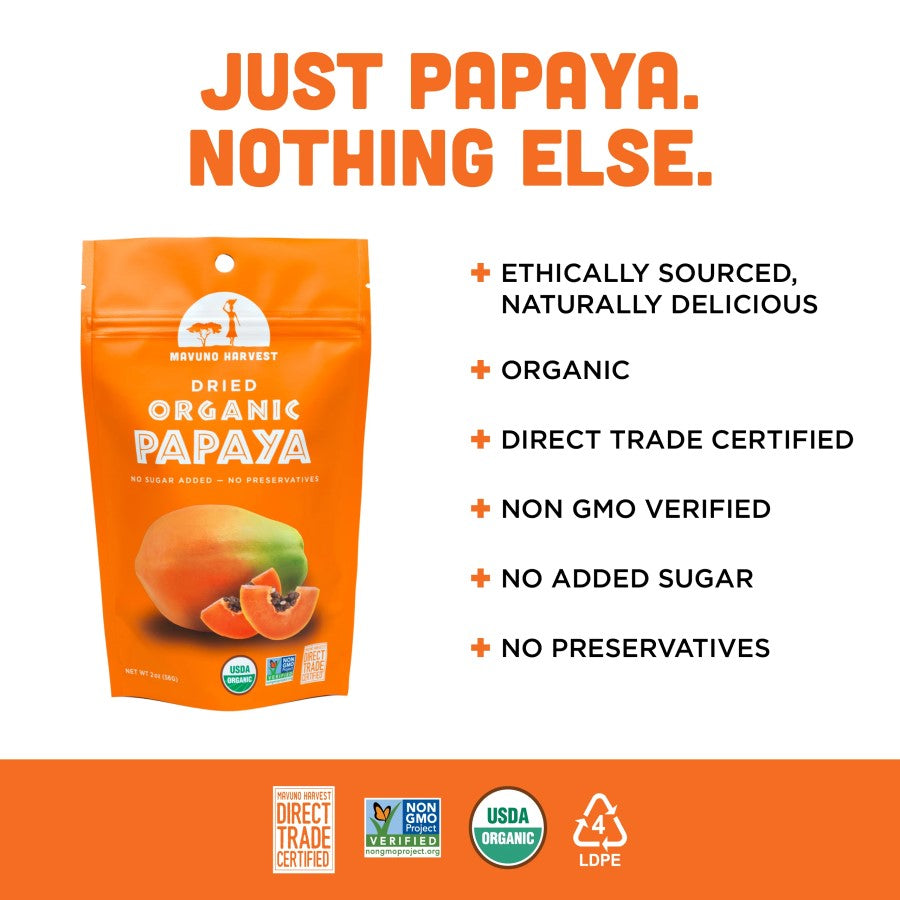 Just Papaya Nothing Else Fruit Snack Mavuno Harvest Infographic Organic Non-GMO