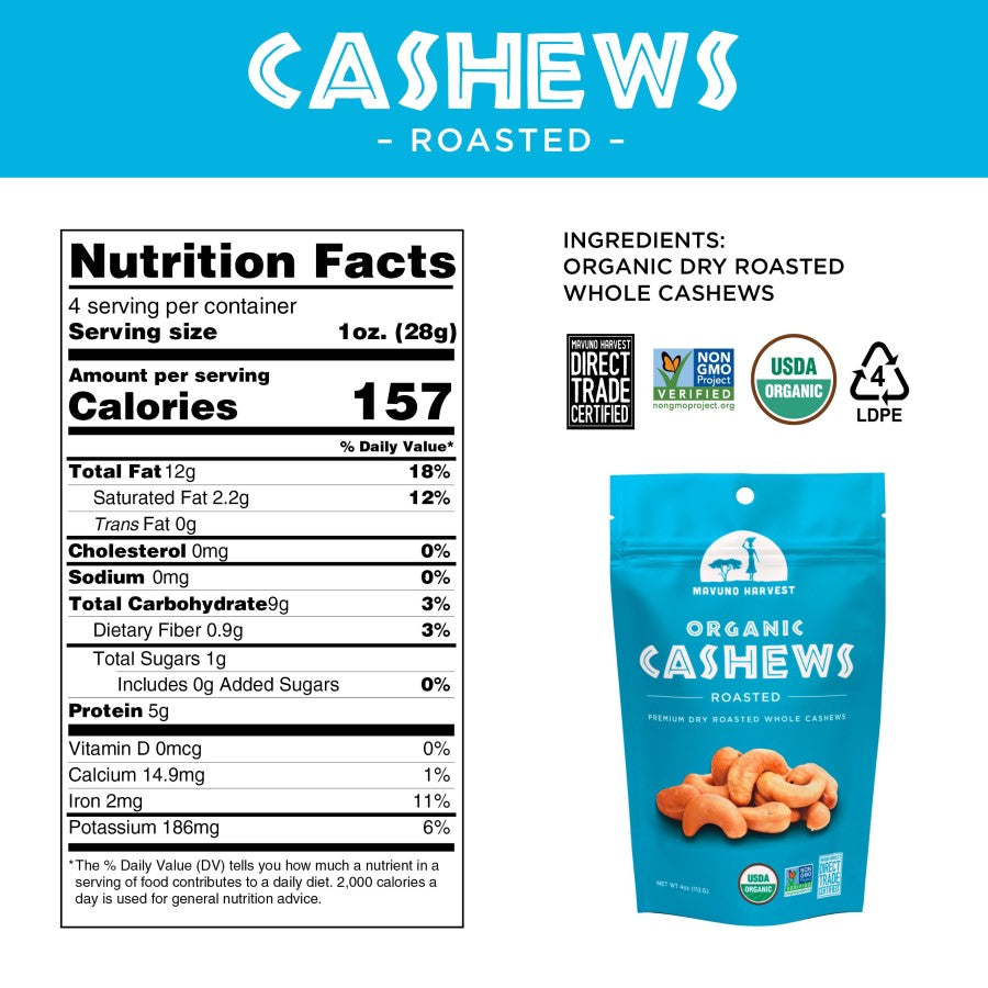 Cashews Roasted Mavuno Harvest Premium Dry Roasted Whole Nuts Nutrition Facts Ingredient