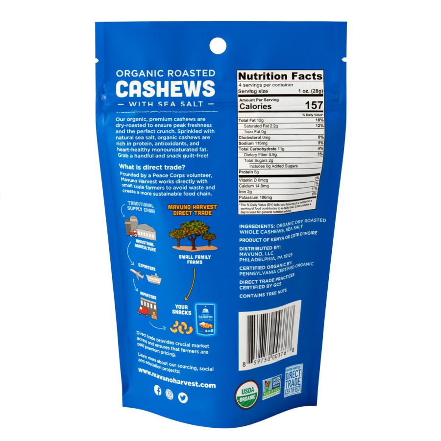 Mavuno Harvest Organic Roasted Cashews With Sea Salt Nutrition Facts