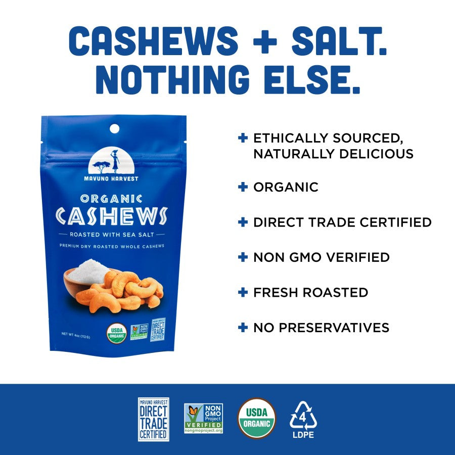 Cashews Salt Nothing Else Mavuno Harvest Is Ethically Sourced Delicious Organic Direct Trade Certified Non-GMO Fresh Roasted No Preservatives