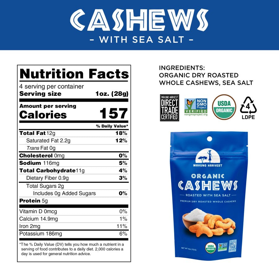 Sea Salt Cashews Roasted Mavuno Harvest Premium Dry Roasted Whole Nuts Nutrition Facts Ingredients