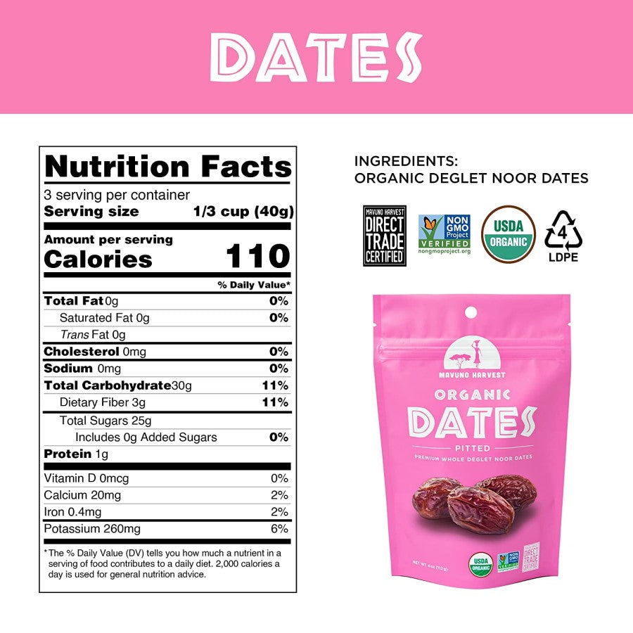 Dates From Mavuno Harvest Nutrition Facts Single Ingredient Non-GMO Organic Deglet Noor Dates