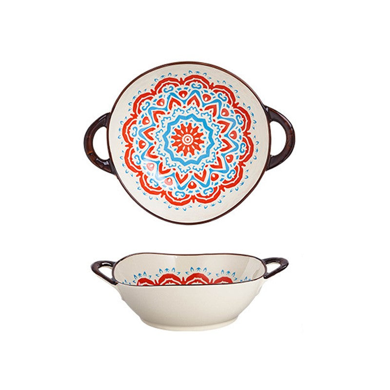 Farmhouse Boho Style Purposefully Irregular Shape Ceramic Pottery Bowl With Handles Mezcal Pattern