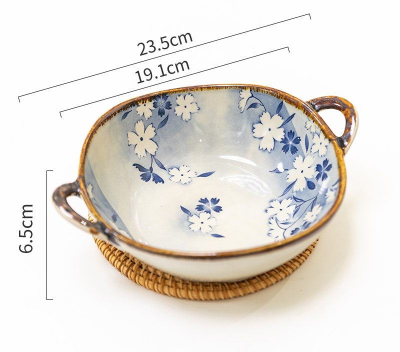 Ming Flowers Irregular Shape Farmhouse Style Bowl With Handles