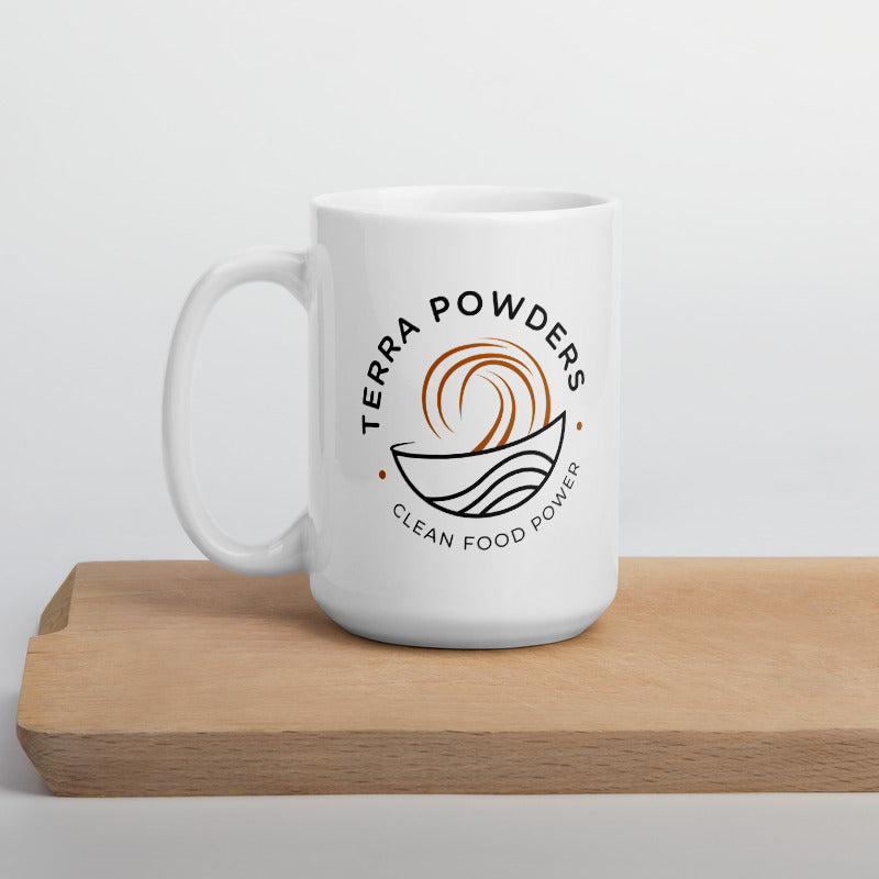 15oz Terra Powders Mug Of Golden Cocoa On Wooden Shelf