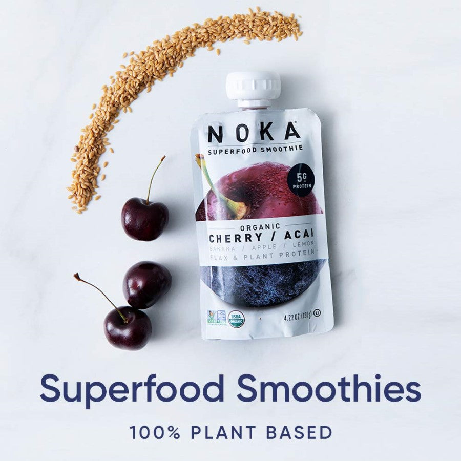 NOKA Superfood Smoothie Organic Cherry Acai Berry Banana Apple Lemon Flax Plant Protein Smoothies