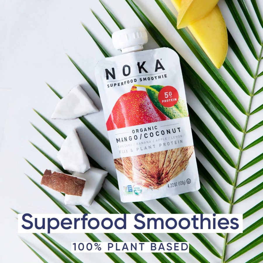 NOKA Superfood Smoothie Organic Mango Coconut Camu Camu Banana Apple Lemon Flax Plant Protein Smoothies